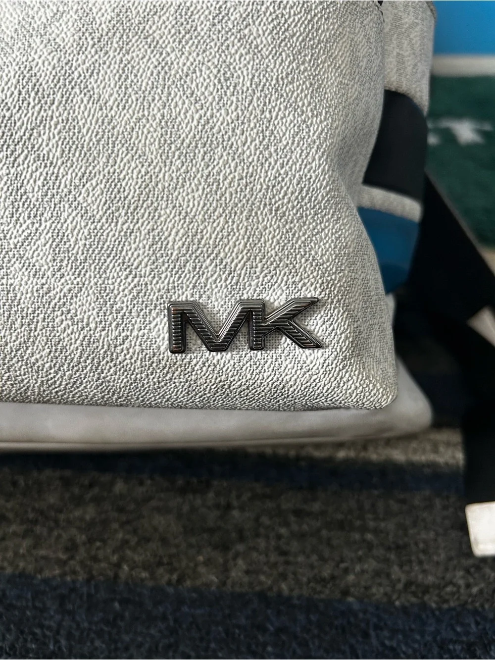 Michael Kors White MK Logo Backpack with Blue Accents